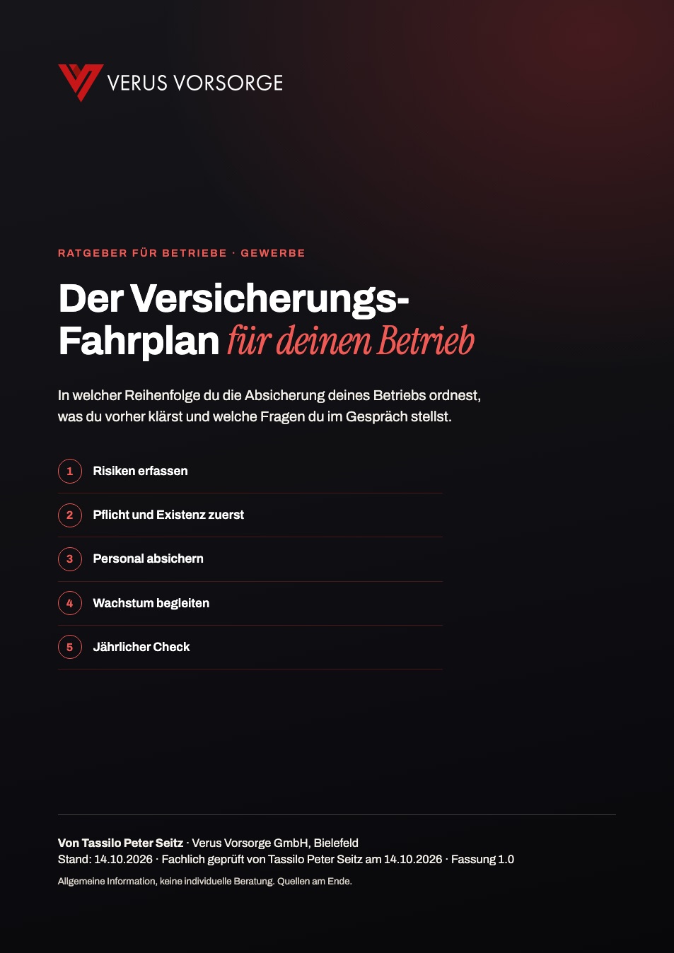Titelseite des Ratgebers „Der Versicherungs-Fahrplan für deinen Betrieb“ von Verus Vorsorge in Dunkelblau und Gold